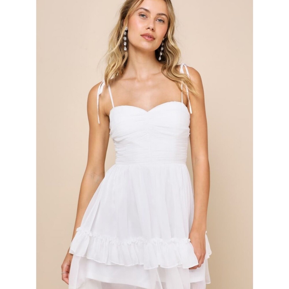 NWT Lulus Angelic Approach White Chiffon Ruffled Tie-Strap Mini Dress Medium